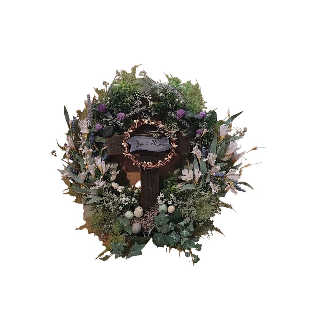 Handmade Easter He Is Risen Wreath Spring Wooden Cross 21"